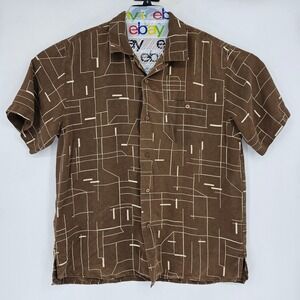 Vintage Tulliano Shirt Mens XL Silk Button Up Short Sleeve Geometric Brown